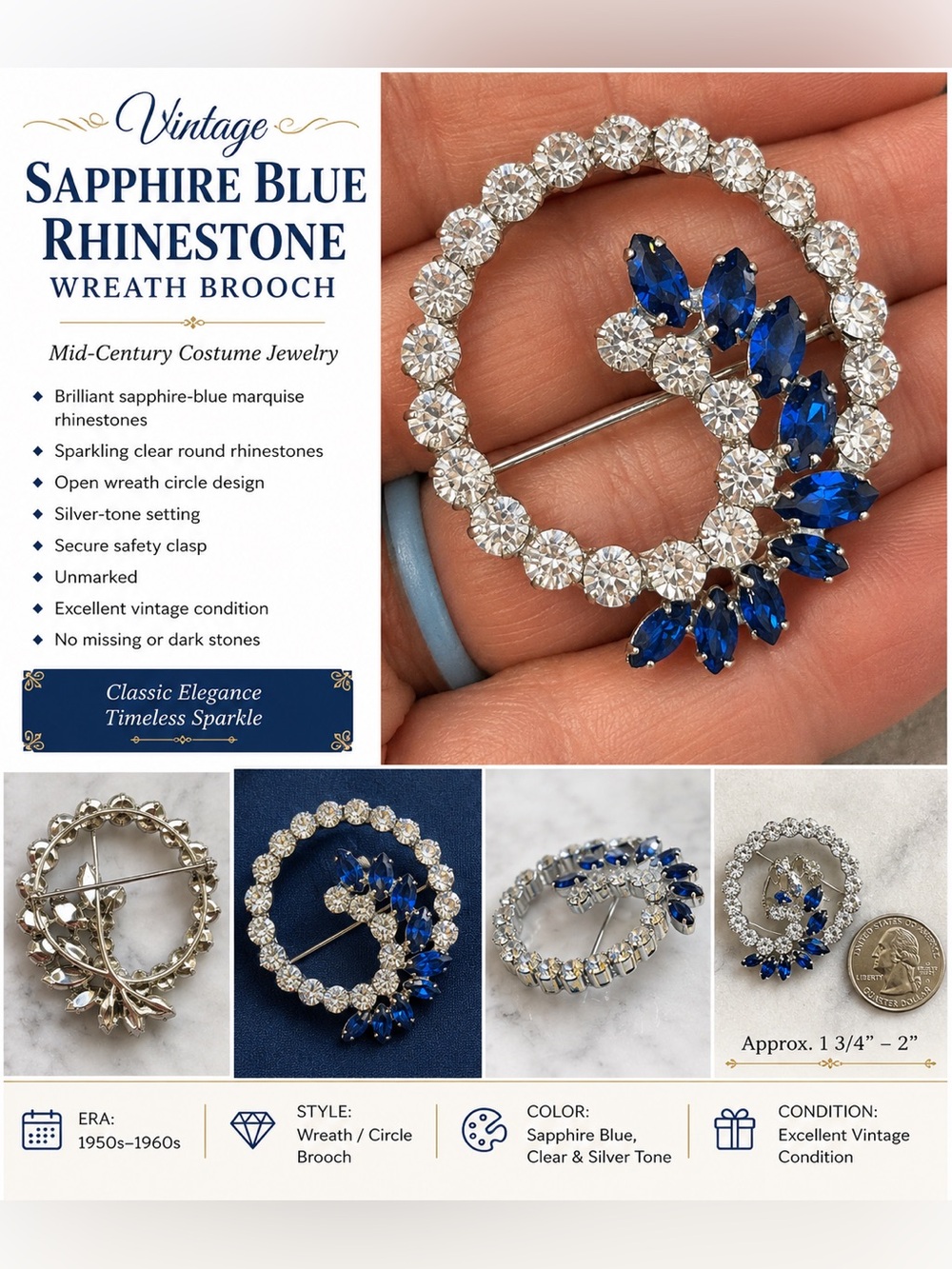Vintage Sapphire Blue Rhinestone Wreath Brooch - Classic Silver-Tone